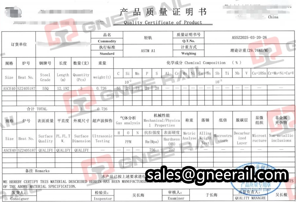 Mill Test Certificate for ASCE 40 lb railway steel rail materials Mill Test Certificate for ASCE 40 lb railway steel rail materials